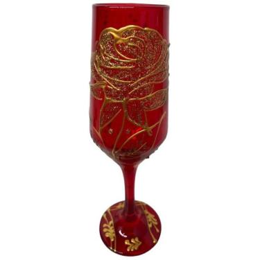 Imagem de Taça Pomba Gira Vermelha Rosa Dourada Buffet Cristal 180Ml