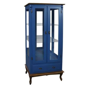 Imagem de Cristaleira Rústica De Madeira 2 Portas E 1 Gaveta - Pés Luiz Xv - Azul Bic Com Tampo E Base Imbuia Glazer