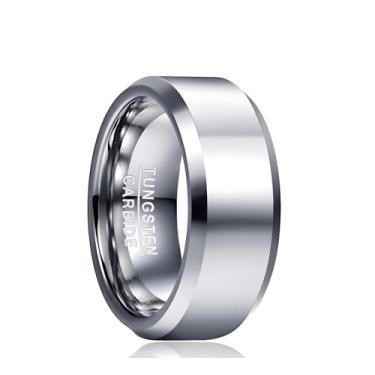 Imagem de Vakki Anel de tungstênio masculino de 4 mm, 6 mm, 8 mm, prata, simples, noivado, acabamento polido e bordas chanfradas, ajuste confortável, tamanho 5-12, 8, Carboneto de tungstênio, Sem pedra preciosa