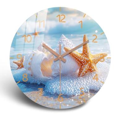 Imagem de PENGHONG Relógio de parede de praia grande, 61 cm, azul, redondo, silencioso, operado por bateria, relógio de parede de costa de madeira para cozinha, escritório, sala de estar, decoração de parede