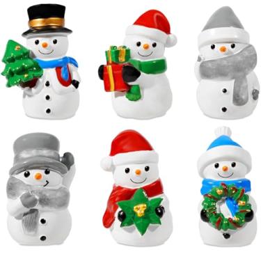 Imagem de Bbiamsleep Estatuetas de boneco de neve de Natal de 5 cm, conjunto de 6 mini bonecos de neve de resina, estilos variados, enfeites de Natal em miniatura para jardim de fadas, globos de neve, casa