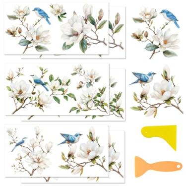 Imagem de BEUNITONE Transferências vintage de magnólia de 6 folhas para artesanato e móveis 21,7 x 15,9 cm Retrô Flor em Transferências para Madeira Vidro Home Office DIY Artesanato Decoração Bird Flora
