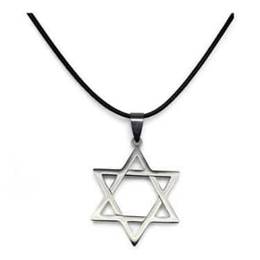 Imagem de California Modern Fashions Colar com pingente de estrela de Davi, aço inoxidável, prata, hexágono de 3,8 cm, corrente de corda de couro preto de 50 cm