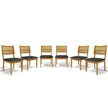 Imagem de Kit Com 6 Cadeiras Aline Madeira Maciça Assentos Estofados Encostos De Tela Palha Sextavada Courino Preto 503