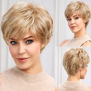 Imagem de EMMOR Perucas curtas para mulheres, fibra de memória, cabelo humano simulado, peruca cacheada Pixie com franja, cabelo natural para uso diário (cor 27/613# Loiro misto)