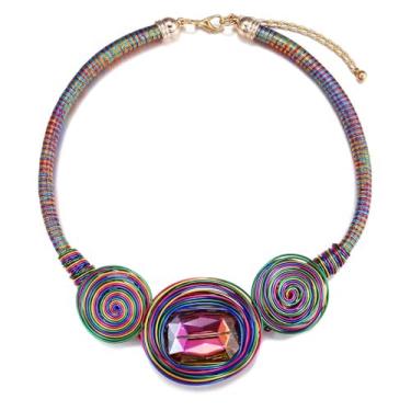 Imagem de Colar de fantasia africana grosso para mulheres - gargantilha colorida étnica boho, gola boho, envolto em arame tribal, joia artesanal de cristal de pedra grande, Cobre, Sem Pedra Preciosa