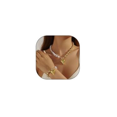 Imagem de Gargantilha com contas de pérola dourada delicada pulseira coração amor assimetria Ot corrente em forma de coração pingente colar colar conjunto de joias para mulheres