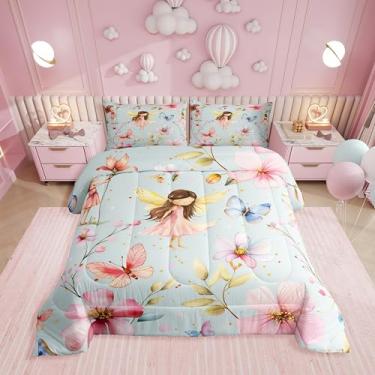Imagem de Erosebridal Jogo de cama com estampa de fada floral, jardim de fada dos sonhos, para meninas e crianças, conjunto de cama com colcha de flores de borboleta, rosa, feminino, princesa, 2 fronhas, leve
