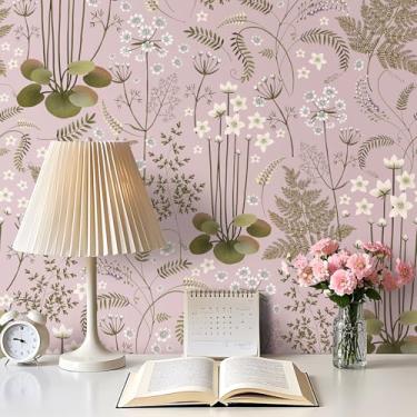 Imagem de Livelynine Papel de parede botânico verde 17,5 x 276, papel de parede vintage ervas, samambaias, rosa e verde, floral para quarto, flores silvestres, pré-colado, para locatário, papel de contato