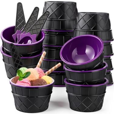 Imagem de Meanplan Conjunto de 24 tigelas e colheres de sorvete de Halloween de 170 g de plástico de bruxa reutilizáveis para sorvete preto roxo em forma de cone de waffle para sobremesa, sudae de iogurte