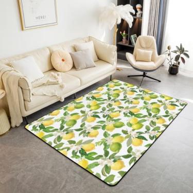 Imagem de Feelyou Tapete de área floral infantil de limoeiro 7,5 x 12,5 cm, estampa de frutas tropicais, para meninos e meninas, conjunto de carpete decorativo estilo verão, amarelo, branco, interior