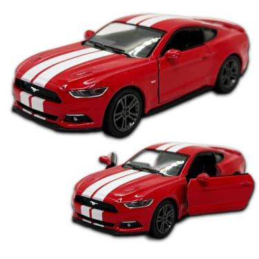 Imagem de Miniatura de carro Ford Mustang Gt 2015 13 Cm, Em Metal, abertura de portas laterais, rodinhas em borracha com fricção, Carrinho de ferro em miniatura colecionável (Vermelho com faixas)
