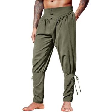 Imagem de Calça masculina de linho medieval Runcati com cadarço verde militar