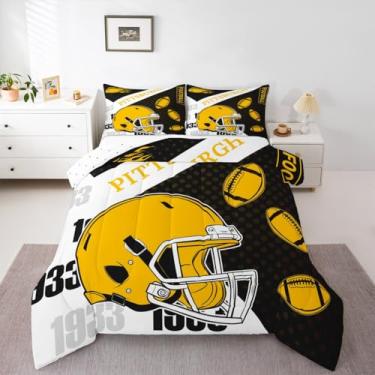 Imagem de Feelyou Jogo de cama casal de futebol americano Pittsburgh, para crianças, meninos, meninas, futebol americano, cidade, edredom para decoração de quarto, microfibra, 3 peças com 2 fronhas