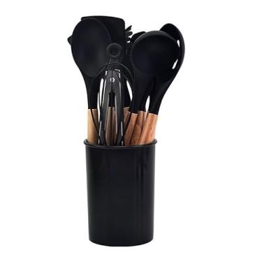Imagem de Kit Conjunto Com 19/12 Peças Utensílios Silicone Faca Jogo Completo Cozinha Batedeira Pegador Colher(Preto/kit 12)