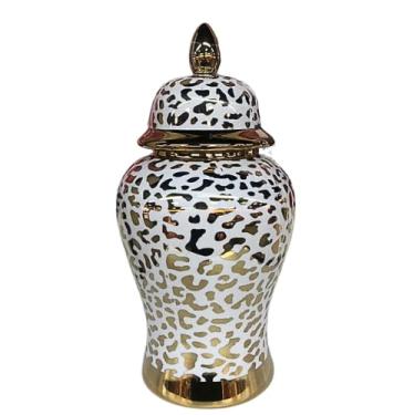 Imagem de Vaso Chinês Cerâmica Onça Branco Dourado 37cm Decoração para Hall de Entrada, Escritório, Clínicas, Festas de Luxo e Sala de Estar