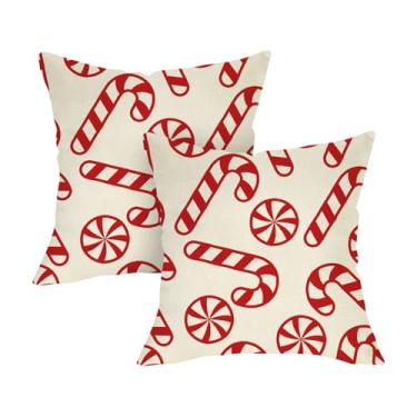Imagem de Fjfz Capas de almofada decorativas de Natal com doces de hortelã-pimenta 45,7 x 45,7 cm, conjunto de 2, varanda de bengala de Natal, decoração de casa, capa de almofada de sofá para sofá de férias de