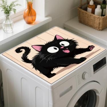 Imagem de GLOBLELAND Engraçado gato preto máquina de lavar roupa secadora tapete capa poeira 59,9 x 59,9 cm animais fofos máquina de lavar roupa protetor superior almofadas antiderrapantes lavagem secadora