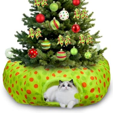Imagem de Cama de túnel de Natal para gatos sob árvore de Natal para gatos vermelhos e verdes em ambientes internos túnel de donut de pelúcia dobrável Peekaboo para gatos pequenos (0,9 m x 0,9 m x 25,4 cm