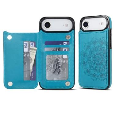 Imagem de Capa carteira para iPhone Air, anti-impressão digital com couro sintético durável e TPU, padrão mandala em relevo, à prova de choque, 3 compartimentos para cartão e suporte (azul)