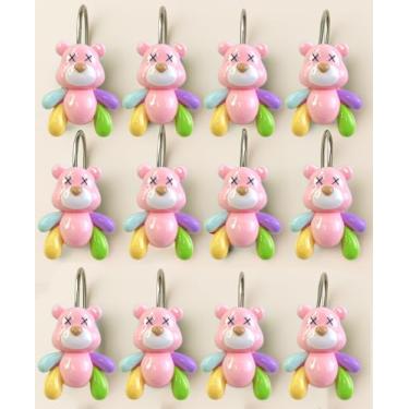 Imagem de YOINIUEM Conjunto de 12 ganchos de cortina de chuveiro de urso colorido, design animal de resina rosa fofo para banheiro infantil, anéis decorativos de cortina de chuveiro de desenho animado para