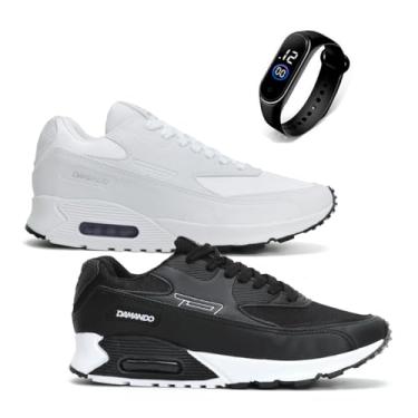 Imagem de Kit Tenis Masculino Esportivo Leve Confortavel Corrida Caminhada + Relógio Digital (Preto-Branco, BR, Adulto, Numérico, 42)
