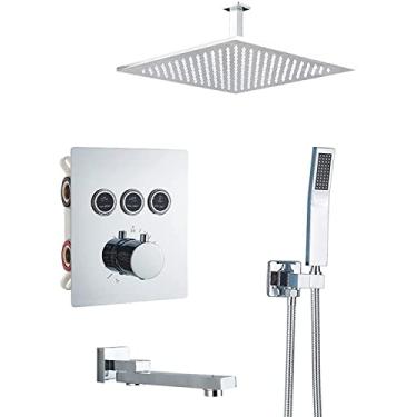 Imagem de CUTPOIY Conjunto de chuveiro sistema de chuveiro oculto conjunto de torneira de chuveiro termostático conjunto de chuveiro montado na parede de latão cromado com chuveiro de mão e chuveiro de chuva