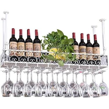Imagem de Prateleira de parede de metal para bar | Suporte de garrafa de vinho para pendurar na parede com altura ajustável | Suporte de copo de vinho de teto suspenso | Suportes para taças, branco (branco 80