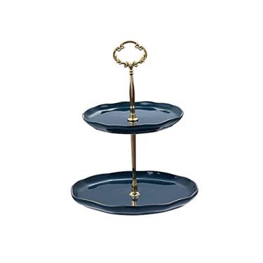 Imagem de Suporte de bolo de cor pura com alças de metal, mesa de sobremesa removível de 2 camadas, suporte de exibição de cupcake de cerâmica para chá da tarde, suporte de confeitaria, suportes de sobremesa