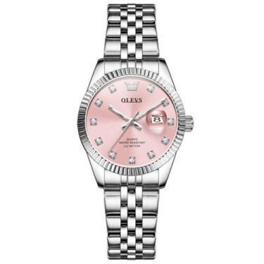 Imagem de OLEVS Relógio feminino prata para mulheres relógios femininos de luxo para pulso pequeno, aço inoxidável, à prova d'água, analógico, quartzo, data vestido Reloj para mulheres, Prateado, rosa, round