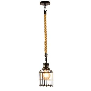 Imagem de YQSLQZZ Luminária pendente de gaiola de ferro preto, lustre de barbante industrial americano, sala de jantar, cozinha, ilha, iluminação decorativa, luzes de teto suspensas, altura ajustável