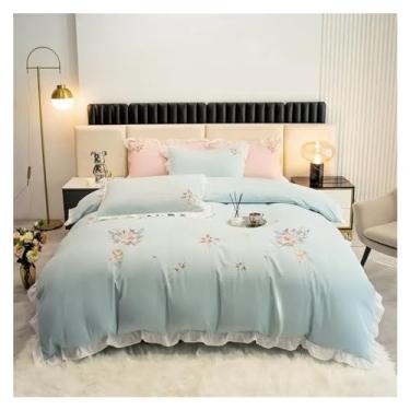 Imagem de Conjunto de cama 100% algodão lavado, flores chiques, bordadas, rosa, branco, borda de babados, fronhas elásticas ajustadas (queen ciano)
