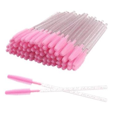 Imagem de Mekupeu 50 pincéis de rímel descartáveis com glitter, pincéis de cílios de silicone de cristal, aplicador, extensões de cílios, ferramentas de maquiagem, pincel de sobrancelha (todo rosa)
