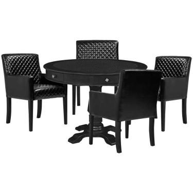 Imagem de Mesa de Jogos Carteado Victoria Tampo Reversível com Kit 4 Cadeiras Liverpool PU Preto Matelassê