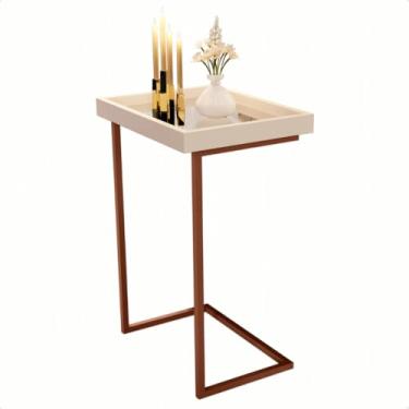 Imagem de Mesa Lateral Apoio Centro Espelhada com Pés de Ferro Retro Canto Sofá Porta Objetos de Decoração MDF (Off White/Bronze)