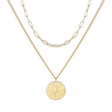 Imagem de GDKLDFG Colar com pingente de disco de anjo boêmio banhado a ouro 18K de aço inoxidável e medalha de amuleto, joia de proteção, 22mm*20mm, Aço inoxidável, Zircônia cúbica