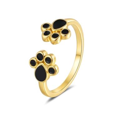Imagem de Cat Paw Print Adjustable Open Ring for Women Teens Tiny CZ Expandable Small Finger Knuckle Pinky Rings Promise Eternity Stacking Wrap Ring for Daughter Birthday Xmas Gifts 7# (Black Print, Golden)
