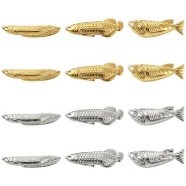 Imagem de UR URLIFEHALL 12 peças, 6 estilos, pingentes de peixe de aço inoxidável, dourado, prata, animais marinhos, pingentes para fazer você mesmo, pulseira, colar, brincos, joias