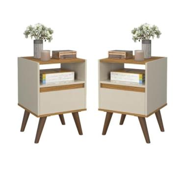 Imagem de Kit Mesa De Cabeceira Para Quarto Pés Retro 1 Gaveta (Off White/Freijó)