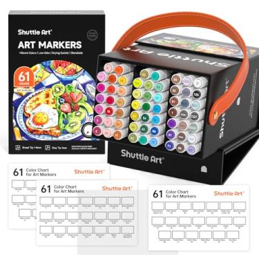 Imagem de Shuttle Art 61 cores marcadores de arte à base de álcool de ponta dupla, 60 cores mais 1 caneta marca-texto permanente misturadora com estojo perfeito para ilustração, colorir para adultos e fazer cartões