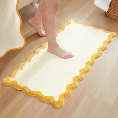 Imagem de MONDAY MOOSE Tapete de banho com design ondulado ondulado ondulado de microfibra absorvente antiderrapante para chão, chuveiro ou cozinha (61 x 119 cm, amarelo)