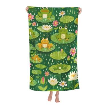 Imagem de VODRM Toalha de praia de sapo fofo, 81 x 132 cm de microfibra de secagem rápida, toalhas de banho de flores com gotas de chuva para lagoas verdes, macias e leves, sem areia grande, para viagens