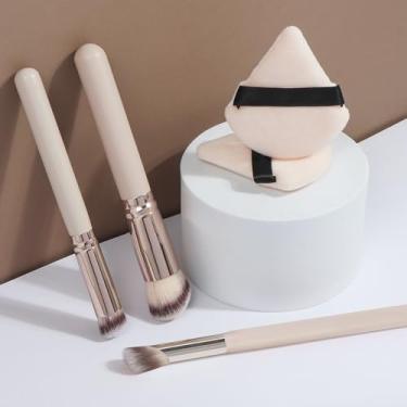 Imagem de Conjunto de 5 peças de pincel de maquiagem e puff, base, creme de contorno, blush, sombra, sem listras, sem gagueira e cores aplicadas uniformemente (ouro)