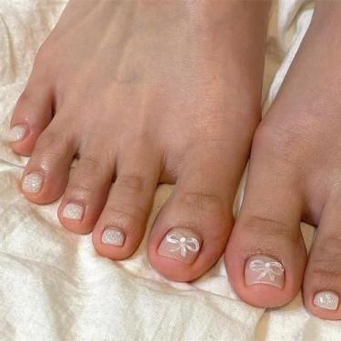 Imagem de Press on Toenails Nude Kit de unhas postiças com design de laço cola acrílica glitter nas unhas dos pés para mulheres cobertura completa Artificial Falso Stick on Toe Nail para uso diário casamento