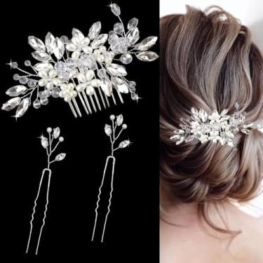 Imagem de Pente de cabelo de casamento de pérola de cristal com 2 peças de alfinetes de cabelo de noiva de strass acessórios de cabelo de cristal pérola para noivas damas de honra e meninas (prata)