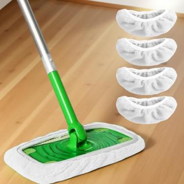 Imagem de Pacote com 4 almofadas de esfregão reutilizáveis, refis de limpeza de piso de microfibra laváveis para uso úmido e seco, panos de cabeça de esfregão para limpeza doméstica