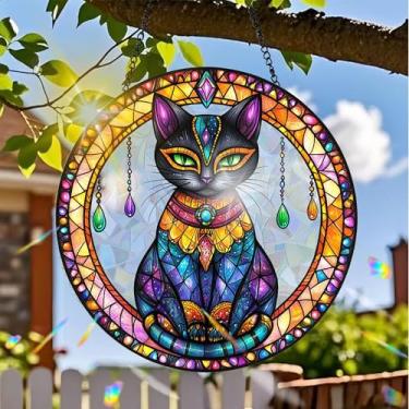 Imagem de Acrílico colorido Suncatcher, decoração para pendurar gato com design de vitral impresso, arte de parede de arco-íris, refrator de luz do sol, decoração de casa interna e externa com corrente 19,8 x