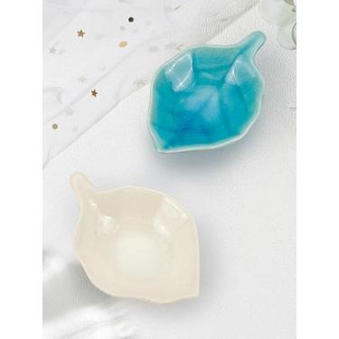 Imagem de Bandeja de joias com 2 peças, bandeja de porcelana de folha azul e branca, prato de servir lanche de cerâmica esmaltada inflamada para anéis, faixas elásticas de cabelo, colares e pulseiras, 8,5 x 5,8