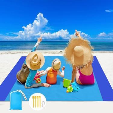 Imagem de Cobertor de praia impermeável e à prova de areia, tapete de praia grande e leve de 203 cm × 199 cm para 5 a 8 adultos com bolsos de canto e estacas, secagem rápida, cobertor portátil ao ar livre para