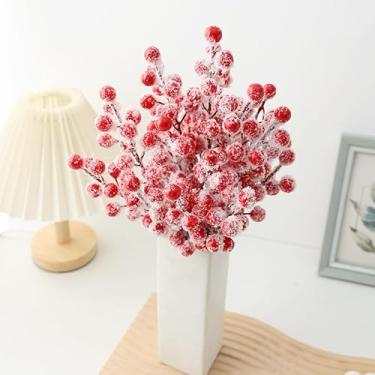 Imagem de 5 peças de hastes artificiais de azevinho, palitos de baga de Natal, sprays de frutas vermelhas falsas para galhos de árvore de Natal, ornamentos de decoração de festa de casamento para dia dos
